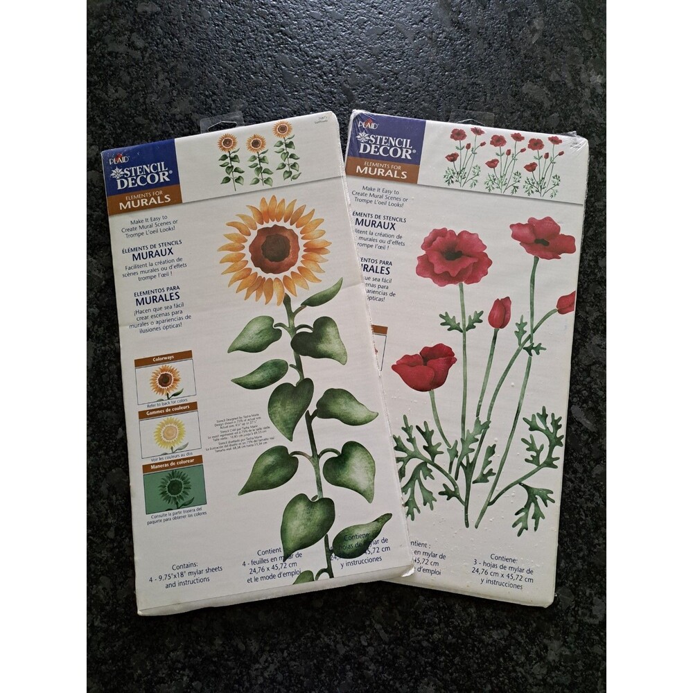 Plaid Stencil Decor Elements for Murals Floral Poppies Sunflower NOS Vintage 90s